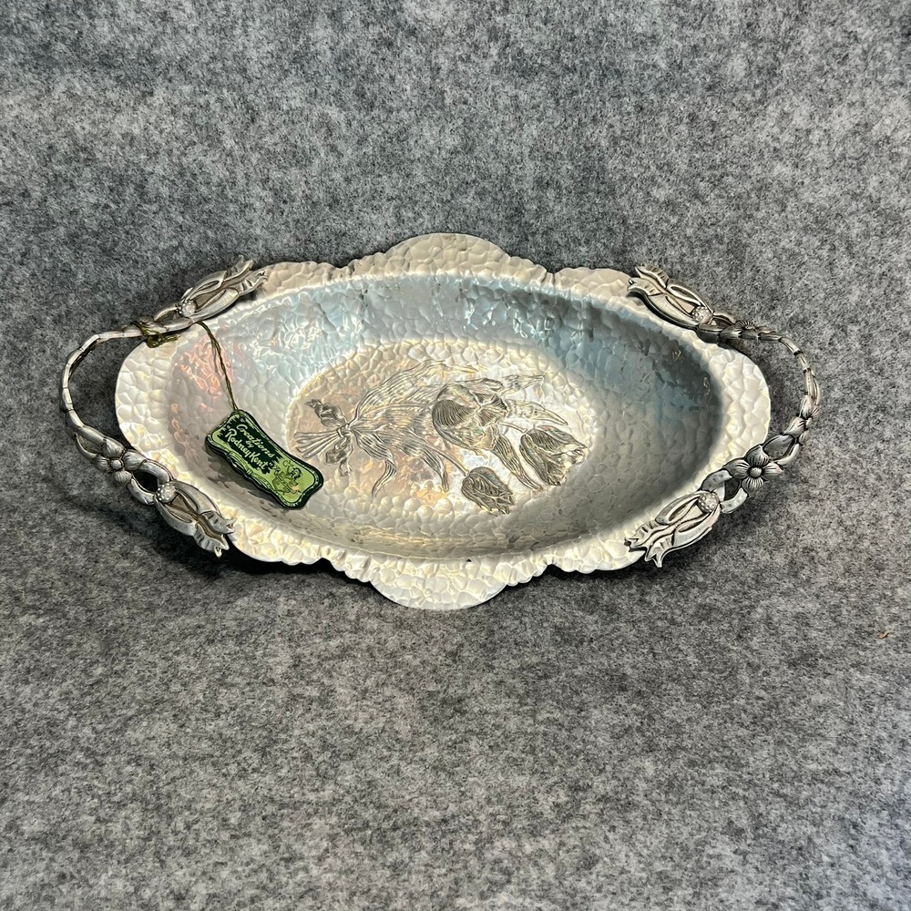 EUC Vintage MCM Rodney Kent Hammered Aluminum Oval Tray Tulip Floral Handmade‎